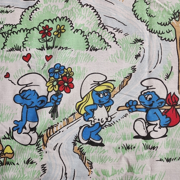 Vintage 1980s "Smurf Village " Twin Flat Bed Sheet Fabric - Picture 7 of 12